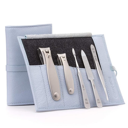 GERMANIKURE 5pc Manicure Set in Light Blue Leather Case - Made in Solingen Germany, FINOX Stainless Steel Tools – Professional Quality Compact Nail Grooming Kit