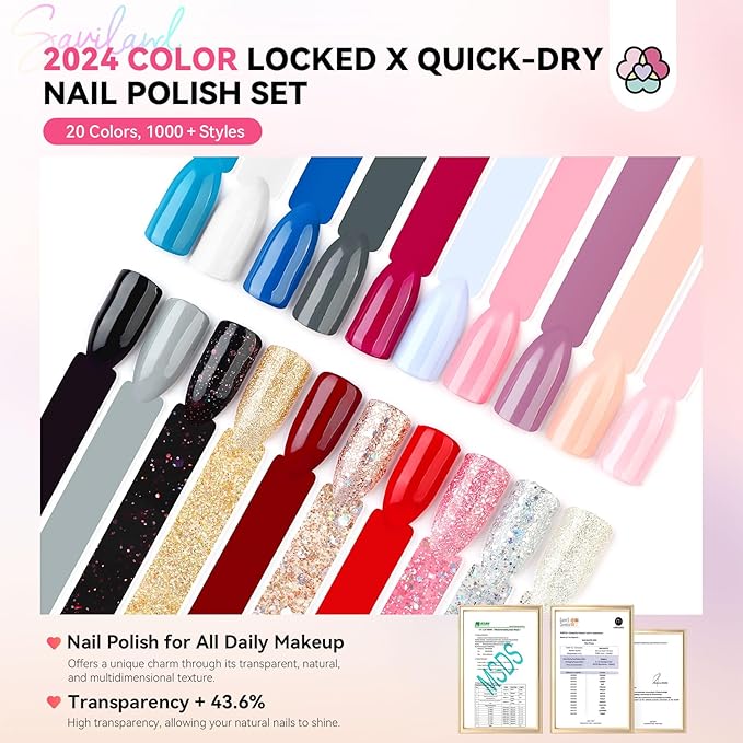 SAVILAND Nail Polish Set - 20pcs Classic Colors Quick-Dry Fingernail Polish,Regular Nail Lacquer Non-Gel Glitter & Solid Shades with Base Coat + Matte/Glossy Top Coats for Salon & Home Manicures