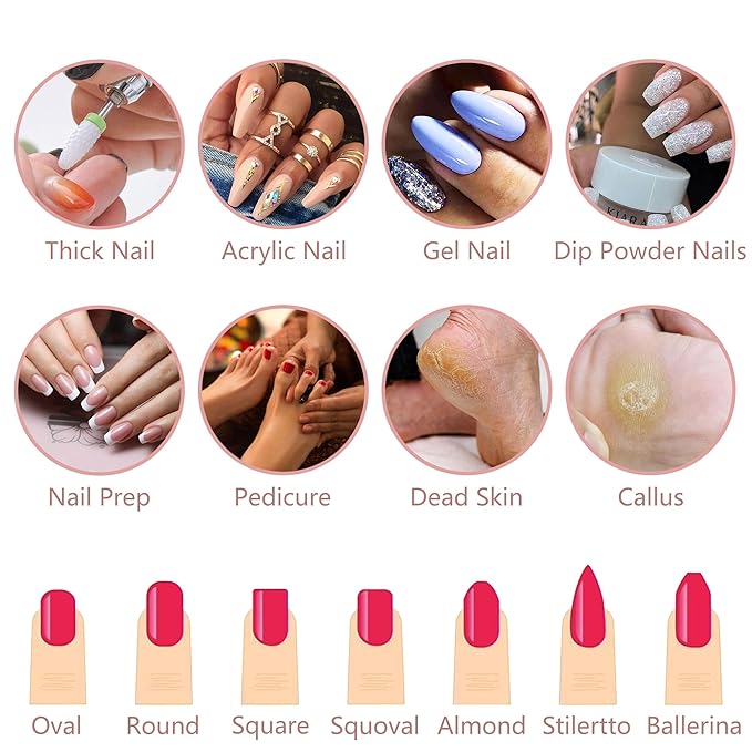 35000RPM Electric Nail Drill, with 4 Ultra Hard Wear-Resistant Ceramic Drill Bits & 6 Metal Nail Drill Machine Bits, Acrylic Gel Nails, DIY Manicure Pedicure Tools for Home and Salon Use (Blue Pink)