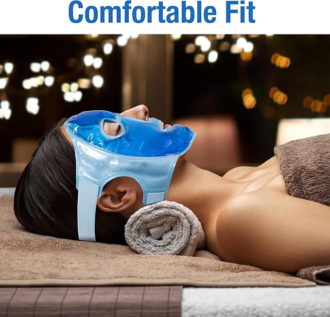 Eurow Luxe Hot & Cold Gel Face Mask with Dual-Sided Comfort, Adjustable Straps, Reusable for Stress Relief, Reducing Puffiness, and Relaxation, Full Coverage, Ideal for Soothing Eyes and Skin, Blue