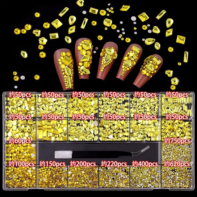 3100Pcs Professional Nail Art Rhinestones Kit for Nail,Mix 20 Styles Flatback Rhinestone,600 Diamonds + 2500 Round Beads, 3D Flat Back Gemstones for Nail DIY Crafts with Tweezers Pen(Lemon Yellow)
