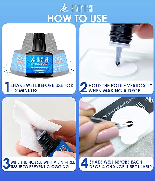 Extra Strong Evolution Eyelash Extension Glue Stacy Lash (0.34 fl.oz/10 ml)/1-2 Sec Dry/Retention – 8 Weeks/Professional Supplies/Black Adhesive