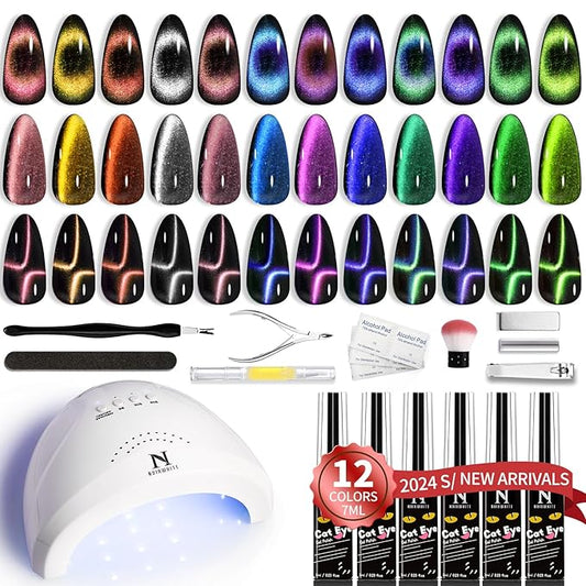 Nail Polish Kit with UV Light, 12 Colors Sparkly Glitter 9D Chameleon Cat Eye Gel Nail Polish Set with Magnet Base Top Coat Manicure Tools All-In-One Magnetic Nail Polish Starter Kit
