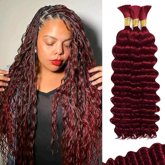 Human Braiding Hair For Boho Braids Deep Water Wave Human Bulk Hair for Braiding 12A Brazilian Virgin Human Hair Extensions for Boho Braids 3 Bundles/Pack 110g 99J Red Burgundy 24inch