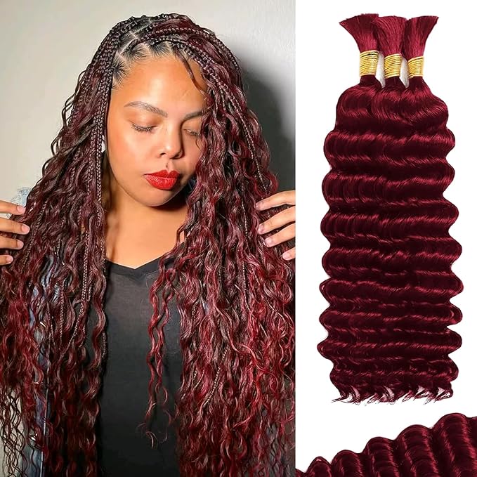 Human Braiding Hair For Boho Braids Deep Water Wave Human Bulk Hair for Braiding 12A Brazilian Virgin Human Hair Extensions for Boho Braids 3 Bundles/Pack 110g 99J Red Burgundy 20inch