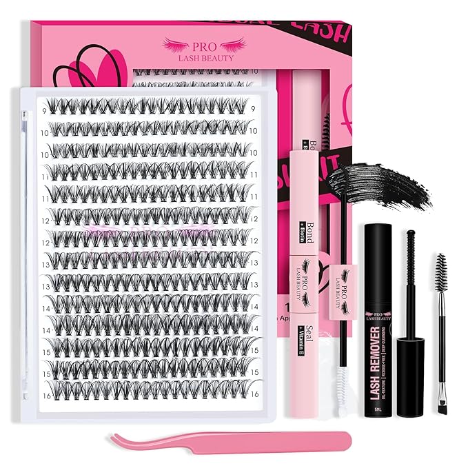 DIY Lash Extension Kit 280pcs Lash Clusters D Curl Eyelash Extension Kit Individual Lashes with Lash Bond and Seal Lash Remover Lash Applicator Easy to Apply at Home(30D-9-16mix Kit)