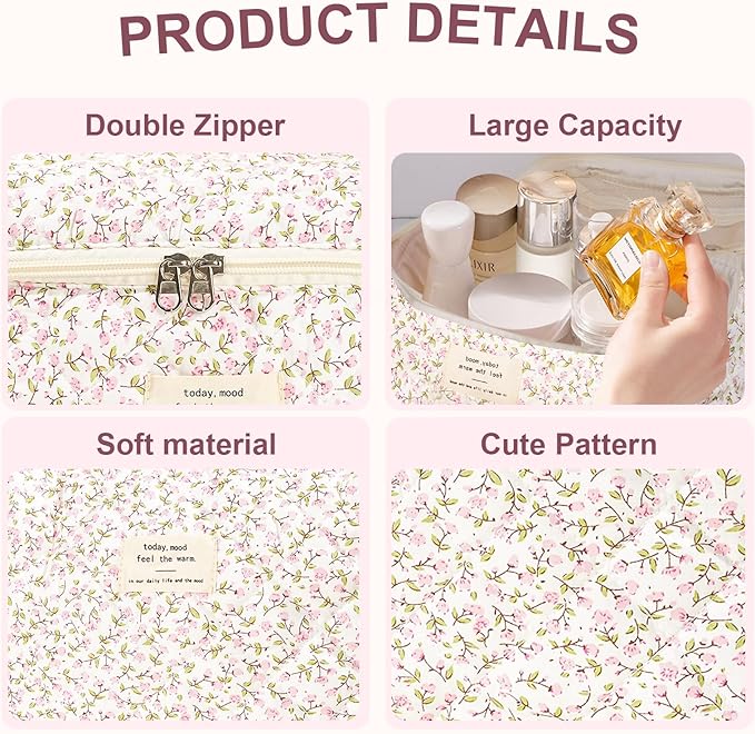 3Pcs Makeup Bag Cotton Quilted Travel Cosmetic Bag Cute Floral Makeup Pouch Large Toiletry Bag for Women Girls (Pink Floral)