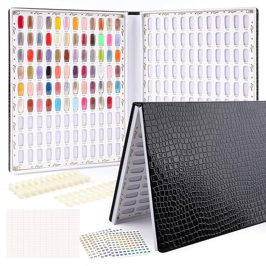 216 Colors Nail Display Chart, Nail Colors Book with 240 False Nail Tips, Professional Nail Gel Polish Organizer Color Card for Salon, Nail Swatches Book Sample Chart Tool Set (Black, 1 Pack)
