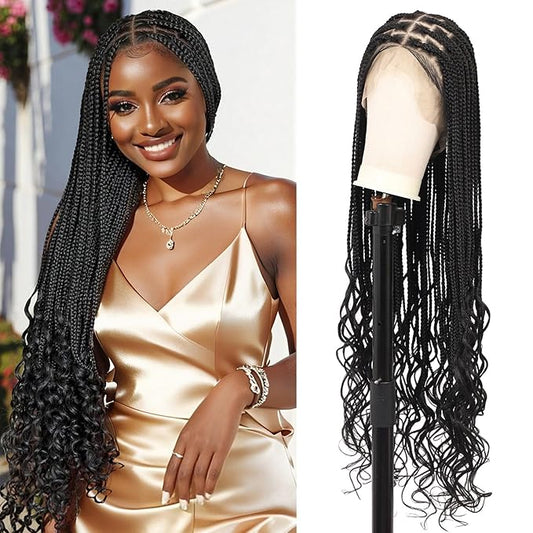 360° HD Full Lace Knotless Braided Wigs for Women Box Braid Wig with Curly End Human Hair Blended Braided Lace Front Wigs with Baby Hair 36 Inch Black