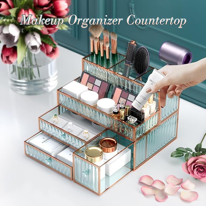 Makeup Organizer - Tempered Glass Vanity Organizer for Cosmetics, Skincare, Hair Tools, Brushes, Perfume - Multipurpose Bathroom Counter Skincare Organizer