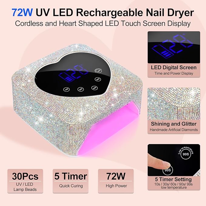 UV LED Nail Lamp 72W Rechargeable Cordless UV Nail Dryer Light for Gel Nails,Sparkling Diamond Fast Curing Gel Polish Lamp with 5 Timer & Nail Kit,Auto Sensor,Nail Art Drying Tools for Home Salon