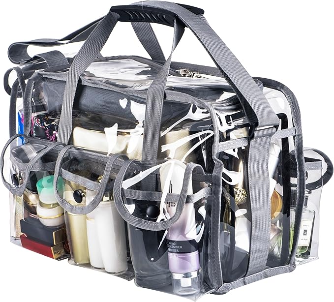 Wide Mouth Large Professional Clear PVC Travel Makeup Artist Set Bag Cosmetic Nails Beauty Bag Transparent Vinyl Tool Organizer Work Bag Beach Bag Diaper Bag with 6 External Pockets & Strap (Grey)