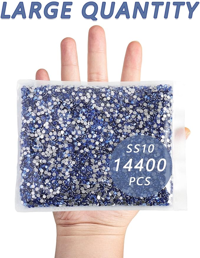 Beadsland Flatback Rhinestones Bulk, 14400pcs Light Blue Rhinestones for Nails Crafts Clothes DIY Decoration, Light Sapphire, SS10, 2.7-2.9mm