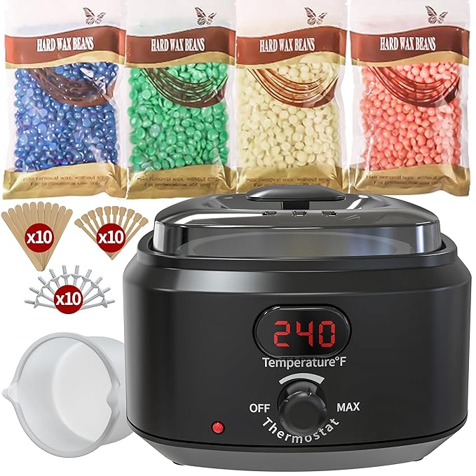 Waxing Kit for Women Men, Digital Wax Kit with Silicone Bowl & 4 Bags Hard Wax Beads, Portable Wax Warmer for Sensitive Skin Full Body Hair Removal, Brazilian Bikini, Eyebrow, Face (Black)