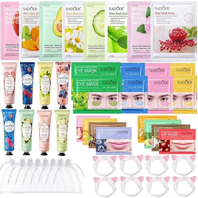 48 Pcs Spa Party Supplies, Facial Masks,Under Eye Patches,Hand Cream, Lip mask,Headband and Organza Bags, Spa Party Favors, Home Spa Sleepover Set for All Skin Type,Gift for Women Mothers Day Gift