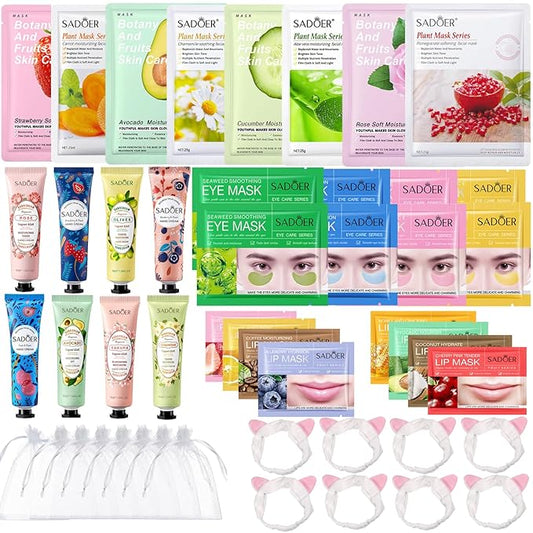 48 Pcs Spa Party Supplies, Facial Masks,Under Eye Patches,Hand Cream, Lip mask,Headband and Organza Bags, Spa Party Favors, Home Spa Sleepover Set for All Skin Type,Gift for Women Mothers Day Gift