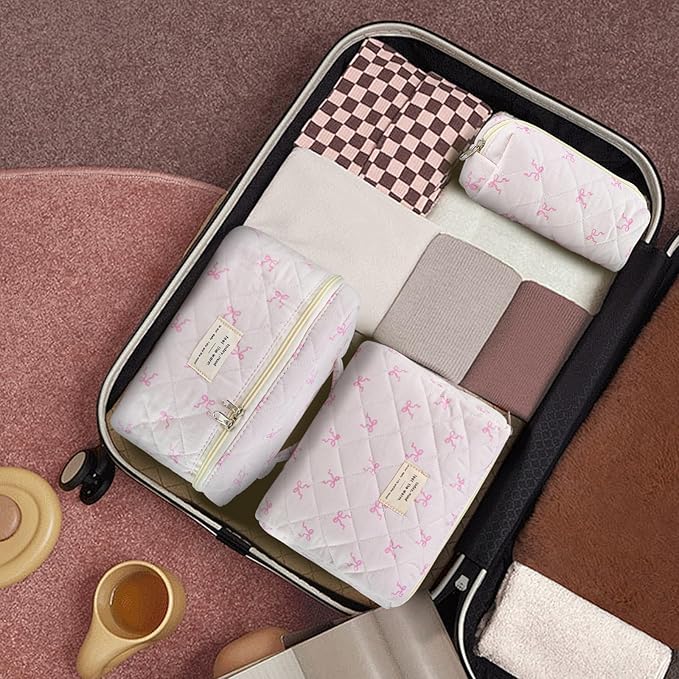 3Pcs Makeup Bag Cotton Quilted Travel Cosmetic Bag Cute Floral Makeup Pouch Large Toiletry Bag for Women Girls (Bow-Pink2)