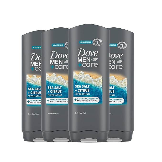DOVE MEN + CARE Body and Face Wash Exfoliating Sea Salt + Citrus 4 count for Men, with 24-Hour Nourishing Micromoisture Technology 18 fl oz