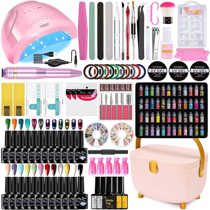 Complete Nail Studio Set with 48W UV LED Lamp, 24 Rainbow Colors, Cat Eye Gel Polish Kit, Nail Drill & More, Storage Box for Home Manicures