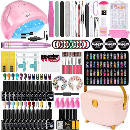 Complete Nail Studio Set with 48W UV LED Lamp, 24 Rainbow Colors, Cat Eye Gel Polish Kit, Nail Drill & More, Storage Box for Home Manicures