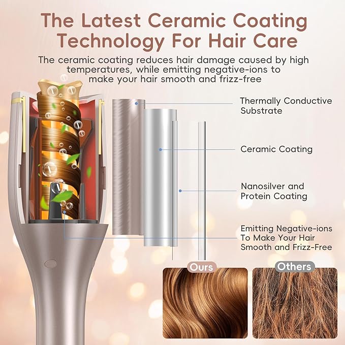 Automatic Hair Curler Auto Rotating Curling Iron with 4 Temps & 8 Timers(12s-19s), LCD Display, 1" Barrel | Dual Voltage Fast Heating, Anti-Scald & Auto Off for Home Salon & Travel Use(Rose Gold)