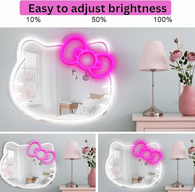 Anime Mirror 13.3 x 16.14 Inches Vanity Mirror with Lights Cat Design Bedroom Wall Mirror Girls Makeup Kitty Mirror with Lights Neon Sign Gift Mirror