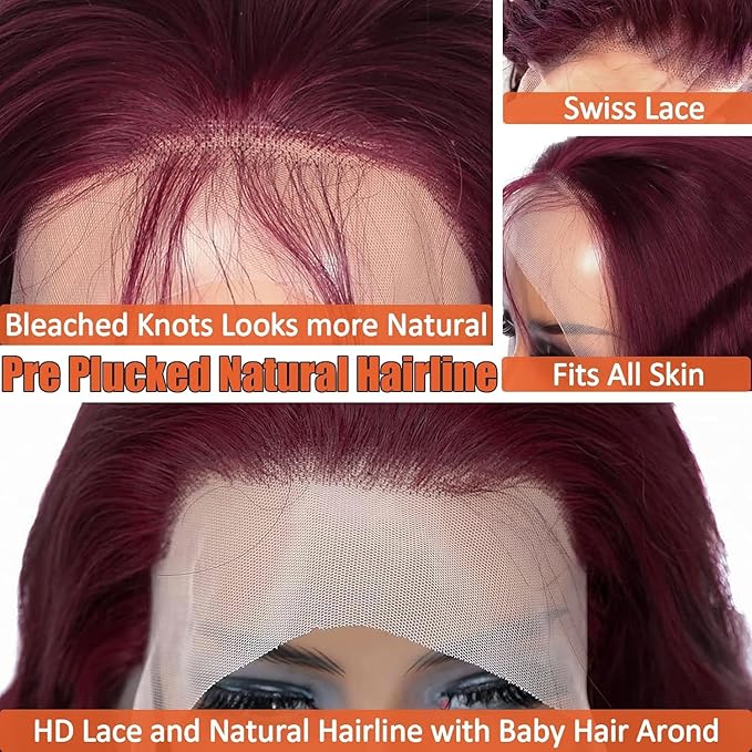 99j Burgundy Lace Front Wigs Human Hair Body Wave Lace Front Wigs Human Hair Pre Plucked 180% Density Wine Red Wig Human Hair Colored Wigs for Women 13x4 HD Lace Frontal Wigs Human Hair 28 inch