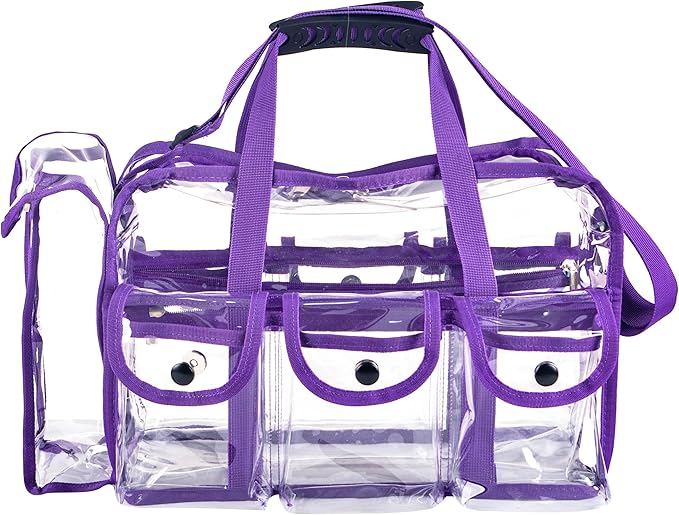 Wide Mouth Large Professional Clear PVC Travel Makeup Artist Set Bag Cosmetic Nails Beauty Bag Transparent Vinyl Tool Organizer Beach Bags Diaper Bags with 6 External Pockets & Strap (Purple)