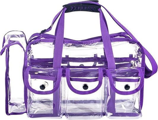 Wide Mouth Large Professional Clear PVC Travel Makeup Artist Set Bag Cosmetic Nails Beauty Bag Transparent Vinyl Tool Organizer Beach Bags Diaper Bags with 6 External Pockets & Strap (Purple)
