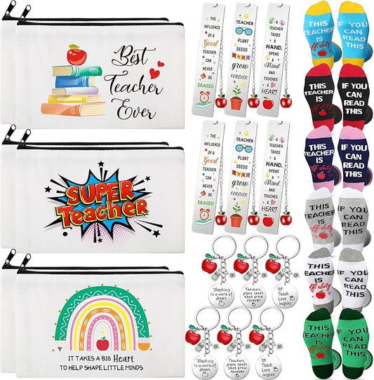 Paterr 24 Pcs Teacher Appreciation Gifts Set End of Year Gifts for Women Bulk Including Socks Makeup Bags Keychain Metal Bookmark for Graduation Birthday(Best Teacher Ever,Cotton)