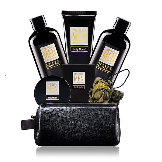 Bath and Body Spa Gift Baskets Set for Men - Sandalwood Amber - 7Pc Spa Kit w. Full Size Items in Leather Toiletry Bag - Fathers Day Birthday Gifts For Husband, Dad From Wife, Daughter Son