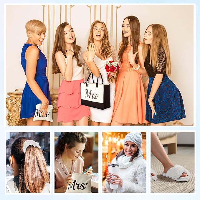LEIFIDE Bride Tote Bag Bride Gifts Set 5 Pcs Makeup Bag Bride Stainless Tumbler Cup Bride Slippers White Hair Tie Slippers for Bridal Shower Bachelorette Party Wedding Day Gifts for Bride (Fresh)