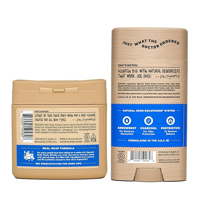 Dr. Squatch NEW Body Wash and Deodorant for Men Gift Set | No Paraben, Phthalate, Sulfate | Odor-Squatching, Aluminum-Free | Fresh Falls Body Wash (8 oz, 3-Pack) & Deodorant (2.56 oz, 2-Pack)