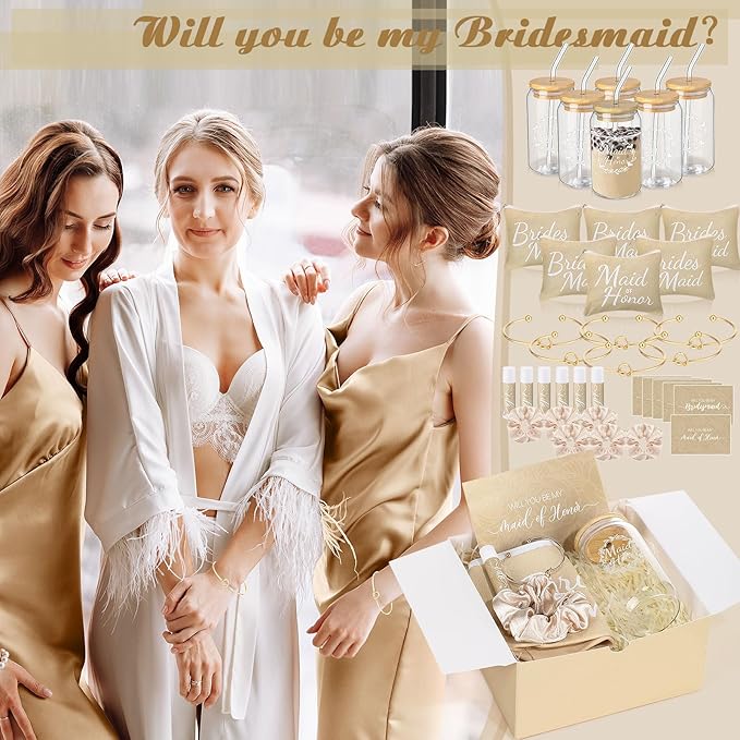54 Pcs Bridesmaid Proposal Gifts Bridesmaid Box Set Include Bridal Shower Gift Box Makeup Bag Invited Card Glass Cup Lip Balm Scrunchie Hair Knotted Bracelet for Maid of Honor(Beige)
