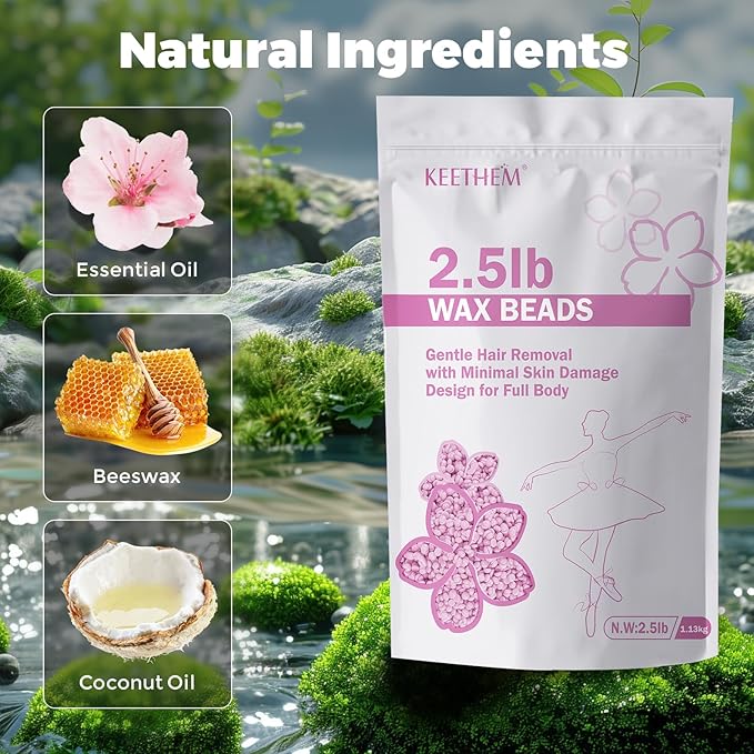 Wax Beads, Hard Wax Beads Hair Removal - 2.5 lbs Wax Beads for Sensitive Skin - Hard Wax Recommended for Full Body Bikini Brazilian Waxing (Cherry Blossom)