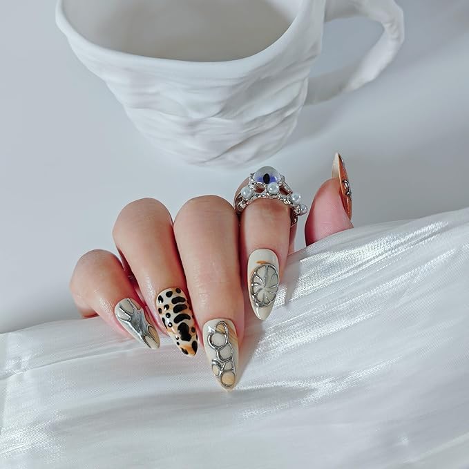 Almond Press on Nails Handmade Medium Long/Stiletto 3D Flower Fake Nail with Designs, Women Reusable False Nails (Brown Beige, L)