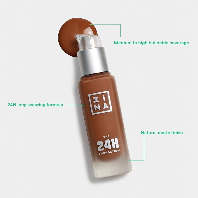 3INA The 24H Foundation 654-24H Long-Wearing Formula - Medium To High Buildable Coverage - Smooth Matte Finish - Expanded Shade Selection - Waterproof, Cruelty Free, Vegan Makeup - 1.01 Oz