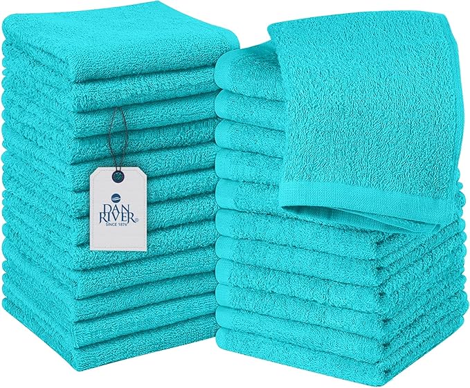 DAN RIVER 100% Cotton Washcloths 24 Pack Premium Quality Face and Body Cloth, Quick Dry Essential Towels for Bathroom, Hand, Kitchen & Cleaning, Baby Washcloths | 12X12 in | 400 GSM | Aqua