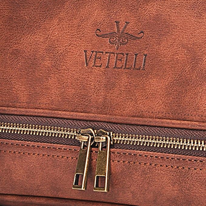 Vetell Classic Leather Men's Travel Toiletry Bag and Dopp Kit with Upper and Lower Zippered Compartments, 2 Mesh Bottle Pouches and Carrying Handle