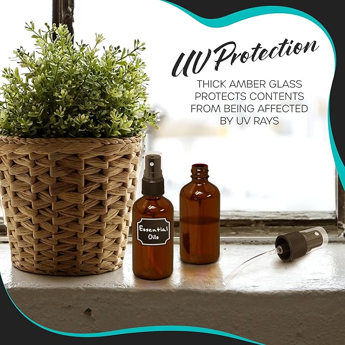 Nevlers 4 Oz Amber Spray Bottles 24 Pack | 118 mL Amber Glass Bottle Sprayer Set w/Funnel, Brush, Labels & Marker | Mist Bottle For Use as Travel Liquid Bottles for Fragrances, Essential Oils & More