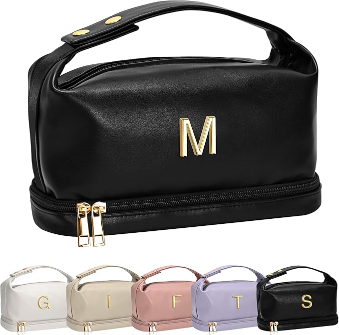 Birthday Gifts for Her Personalized Makeup Bag with Handle, Initial Double Layer Cosmetic Bag with Makeup Brush Organizer, PU Leather Travel Toiletry Bag, Bachelorette Gifts for Bride
