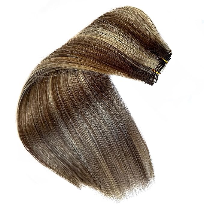 Sew in Hair Extensions Real Human Hair, Chocolate Brown Balayage Blonde Highlights Hair Extensions Real Human Hair Weave Bundles 18 Inch 100g Human Hair Hand Tied Weft Hair Extensions for Women