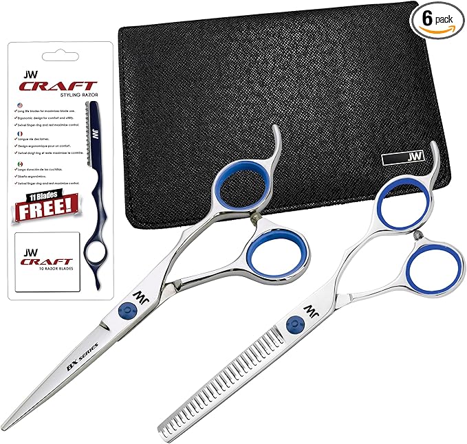 JW Shears Professional Hairdressing Shear, Thinner, Razor and Case Set (5.75" Silver/Blue)