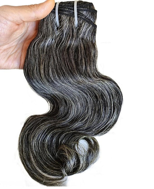 Clytie Raw Body Wave Salt and Pepper Gray Human Hair Bundles, One Donor Wavy Grey Human Hair Bundles 50% Grey Mixed Black Color 1 Bundle 10IN Virgin Hair Weave Weft