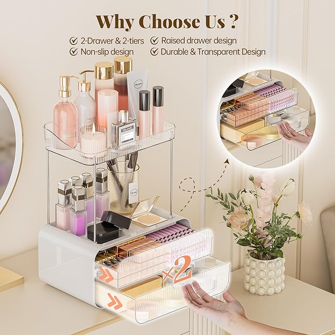 Delamu Bathroom Counter Organizer 2-Drawers 2-Tier Acrylic Makeup Organizer for Vanity Countertop, Skincare Perfume Storage, Easy Assembly, Ideal Gift for Women Clear