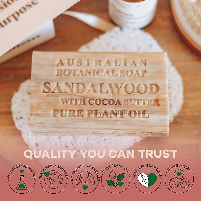 Australian Botanical Soap Sandalwood with Cocoa Butter 6.6 oz Luxury Soap Bars Enriched with Shea Butter, Suitable for Men, Women and All Skin Types, Pack of 4