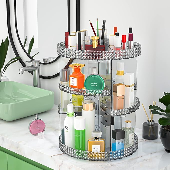 Rotating Makeup Organizer Countertop, Acrylic Makeup Storage Organizer Round, Large Cosmetic Organizer 7 Layers Large Capacity, Fits Makeup Brushes, Lipsticks, Bathroom, Vanity, Gray
