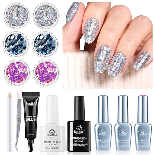 Beetles X DIY Nail, Glitter Pink Blue Silver Gel Nail Polish with Base and Top Coat, Rhinestone Glue, Disco Ball Nails for Party Sparkling Nails Holiday Nails DIY Manicure Gifts for Women Girls