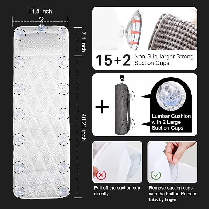 Full Body Bath Pillow Bathtub Pillows-Removable Lumbar Cushion with 17 Non-Slip Suction Cups 4D Air Mesh Fit Any Tub Luxury Bathroom Accessories-Grey