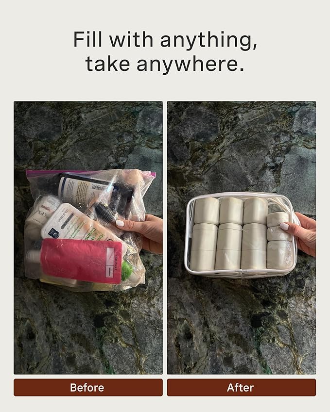 Cadence Travel Containers - Core Skincare Set - Magnetic Travel Capsules - 2 Small (0.56oz) & 3 Medium Capsules (1.32oz) with Cleanser, Moisturizer, Serum, Makeup Remover & Sun-Icon Label - Sand